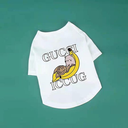 グッチ シュナウザー 中小型犬 犬tシャツ Gucci 英字プリント付き かわいい コットン ドッグウェア Gucci 個性 春夏対応 バナナ柄 犬洋服 Tシャツ グッチペットウェア ハイブランド アニメ風