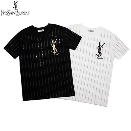 ysl ストライプラインストーン付き半袖