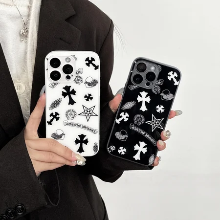 クロームハーツ iPhone16pro/16promaxケース 背面ガラス 白黒