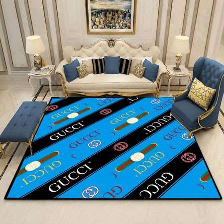 送料無料 Gucci ラグカーペット ブルー斜めライン GGロゴ総柄 人気の通販