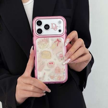 ディオール iphone18pro/18promax ケース バッグ&香水甁 イラストプリント アクリル スマホケース ピンク 可愛い レディース