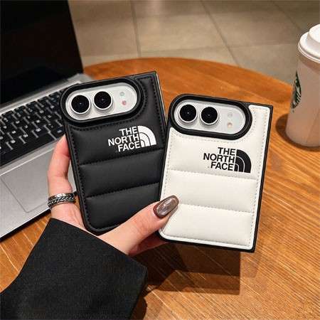 ザノースフェイス iPhone Duoケース ダウンジャケット風 ふわふわ 耐衝撃 保護 折りたたみ型 ホワイトブラック