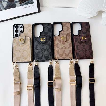 COACH Galaxy S26/S26Plus/S26Ultra ケース 定番 C ロゴ レザー 背面カード収納 落下防止ストラップ付き 斜めがけ