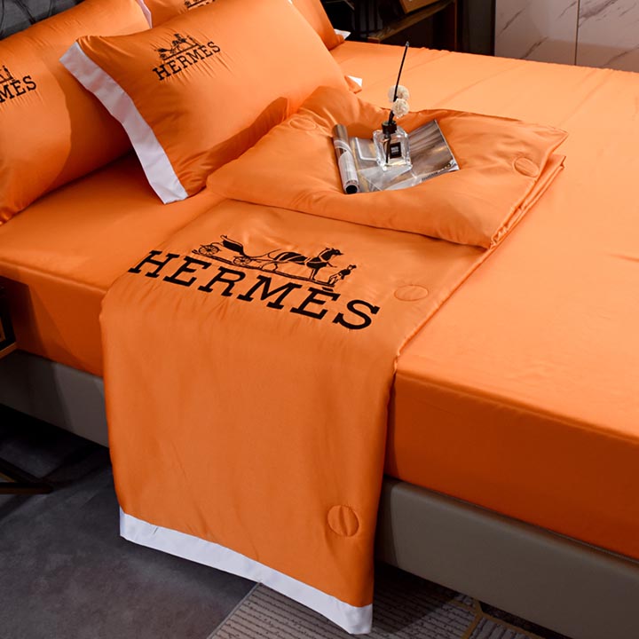 洗濯可 エルメス エアコンブランケット HERMESオシャレ オレンジ ブランド寝具 hermes 刺繍入り 夏用 レストラン風 寝具セット